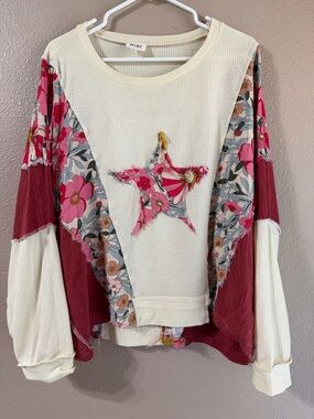BiBi Cream & Pink Floral Star Patch Mixed-Print Waffle Top